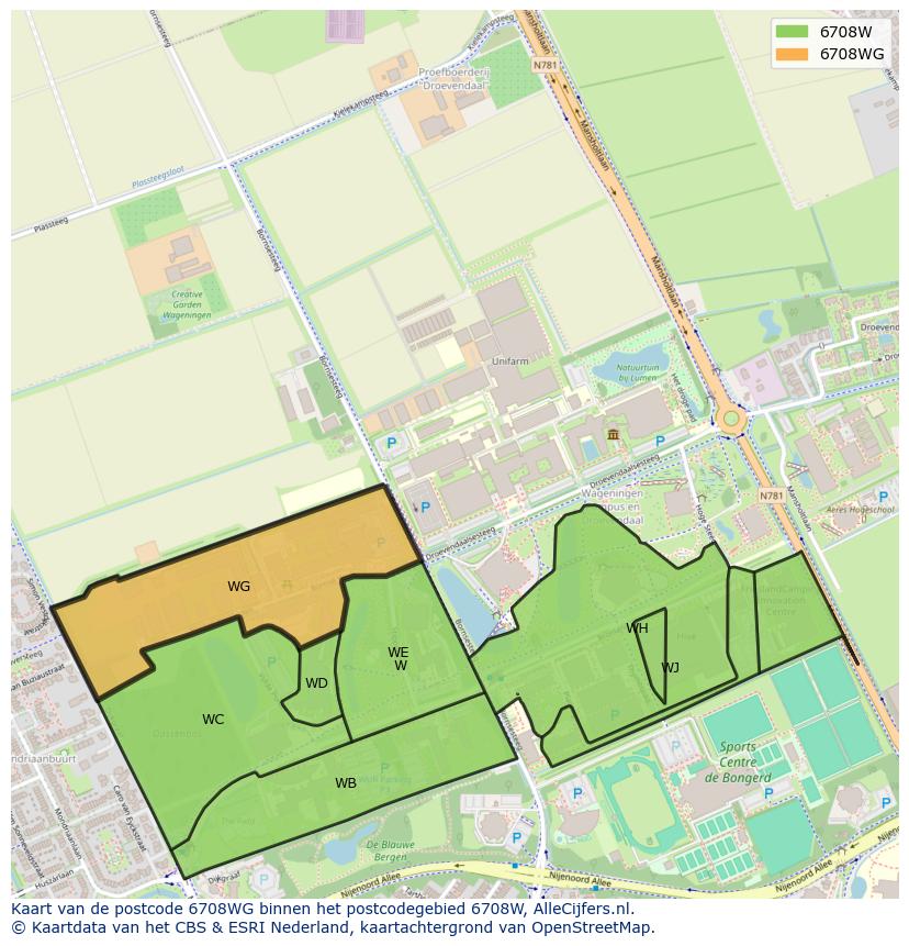 Afbeelding van het postcodegebied 6708 WG op de kaart.