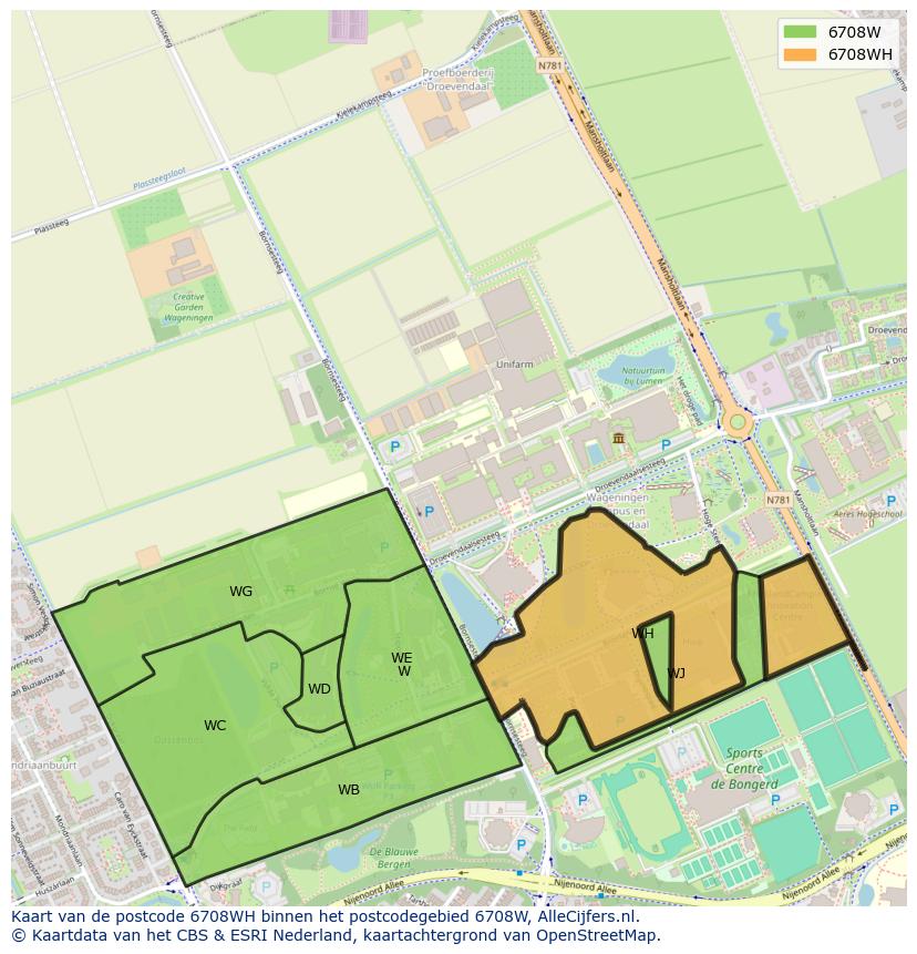 Afbeelding van het postcodegebied 6708 WH op de kaart.
