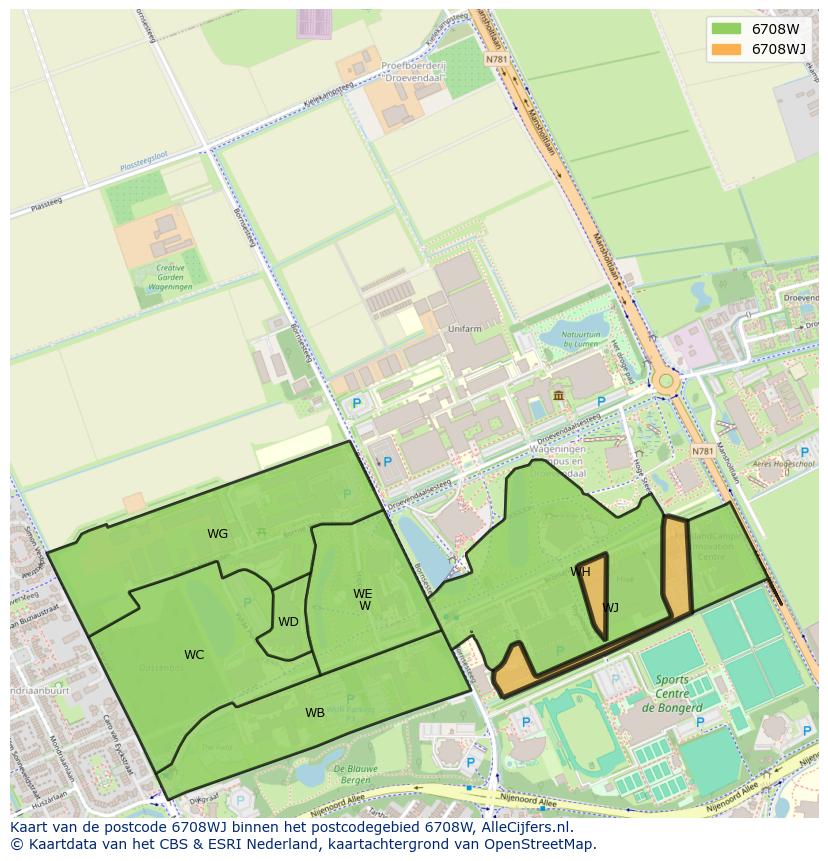 Afbeelding van het postcodegebied 6708 WJ op de kaart.