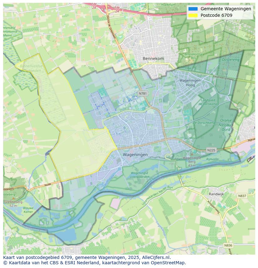 Afbeelding van het postcodegebied 6709 op de kaart.