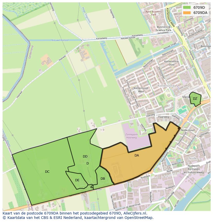 Afbeelding van het postcodegebied 6709 DA op de kaart.