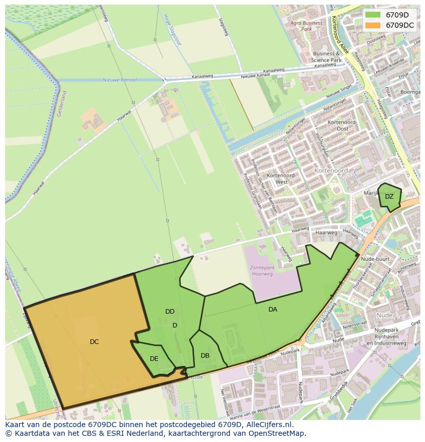 Afbeelding van het postcodegebied 6709 DC op de kaart.