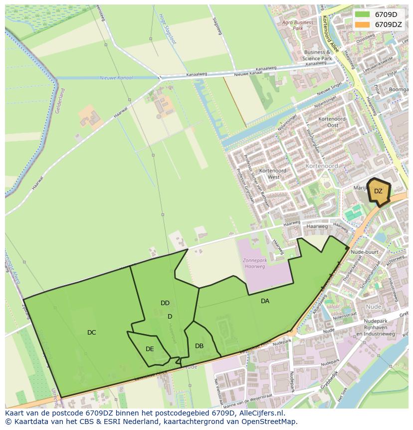 Afbeelding van het postcodegebied 6709 DZ op de kaart.