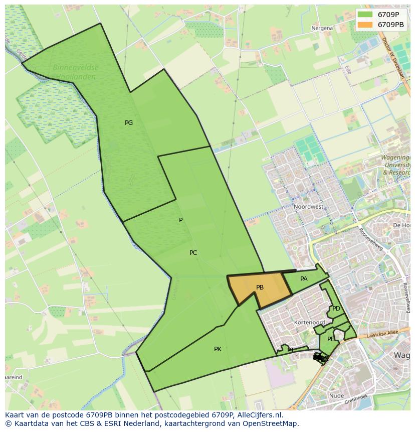 Afbeelding van het postcodegebied 6709 PB op de kaart.