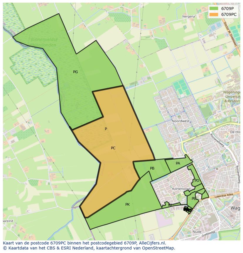 Afbeelding van het postcodegebied 6709 PC op de kaart.