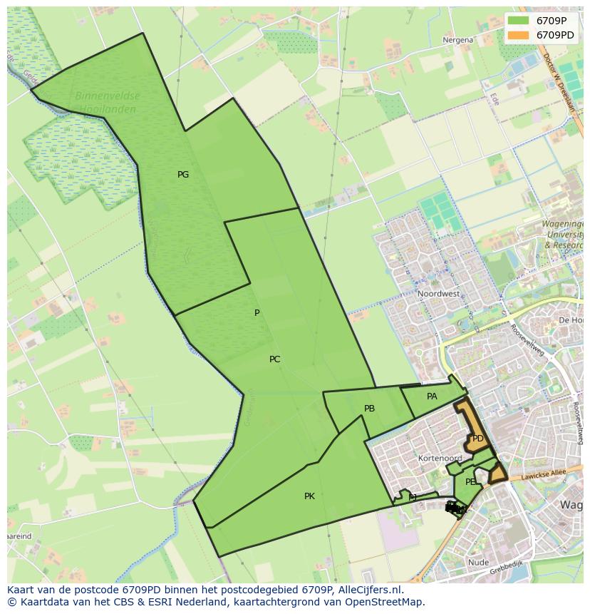 Afbeelding van het postcodegebied 6709 PD op de kaart.