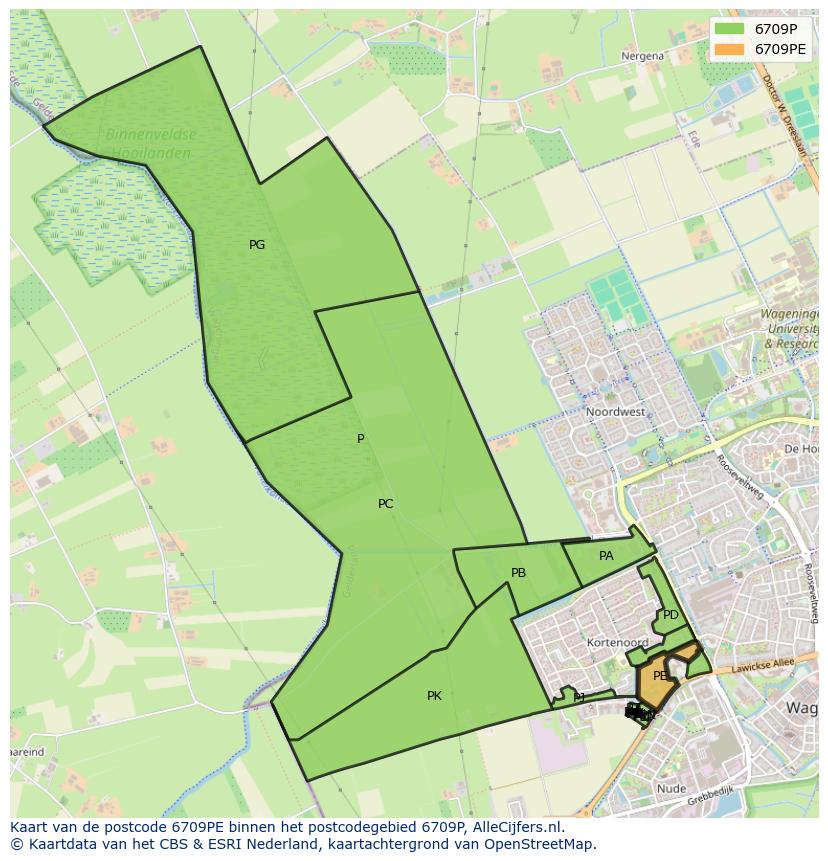 Afbeelding van het postcodegebied 6709 PE op de kaart.