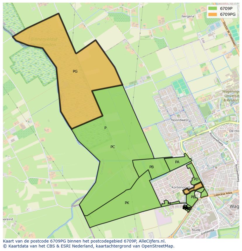 Afbeelding van het postcodegebied 6709 PG op de kaart.