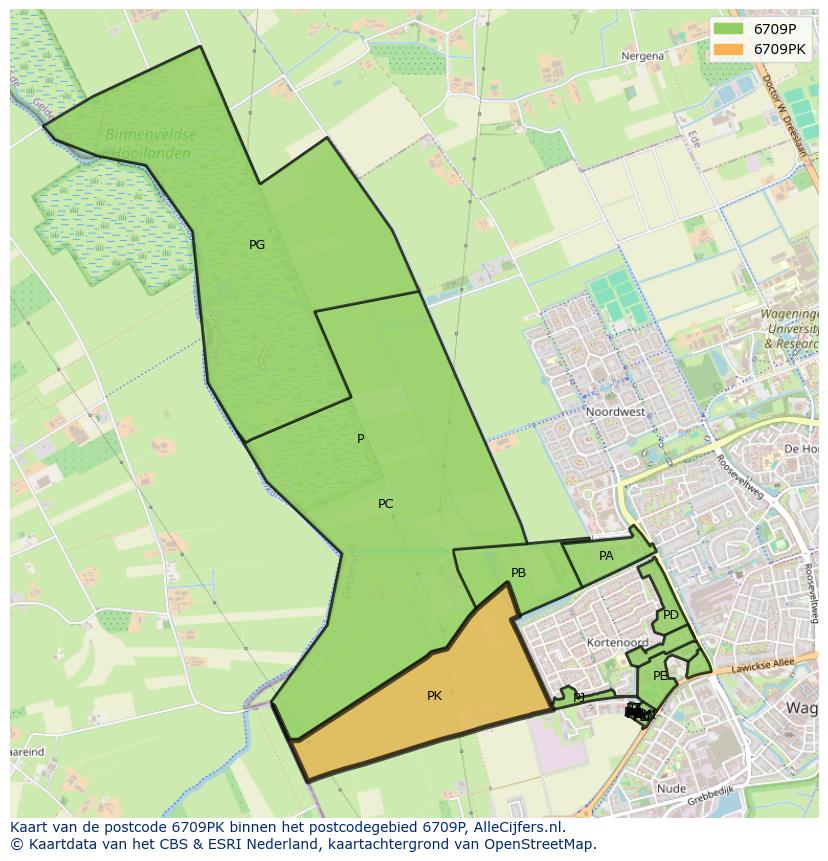 Afbeelding van het postcodegebied 6709 PK op de kaart.