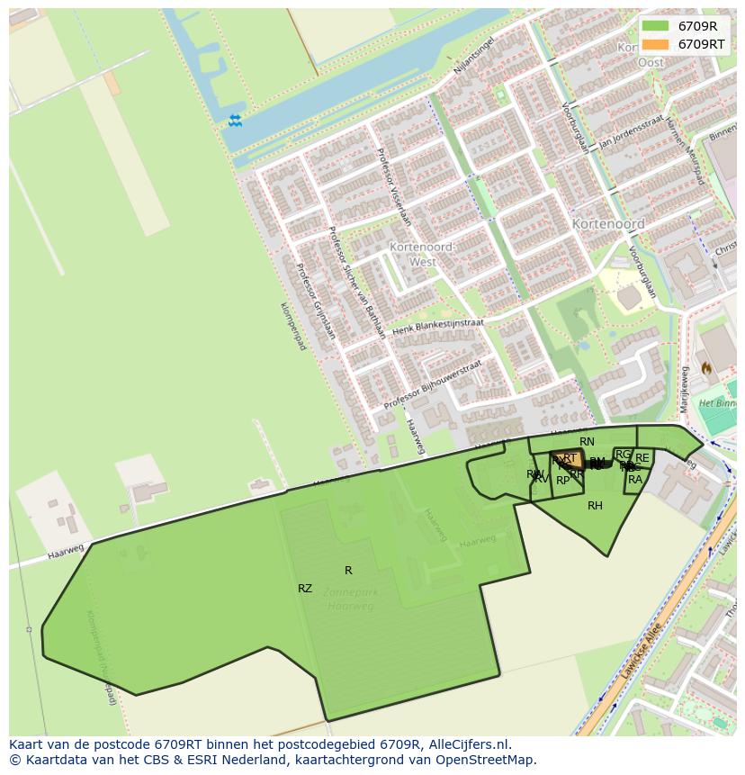 Afbeelding van het postcodegebied 6709 RT op de kaart.