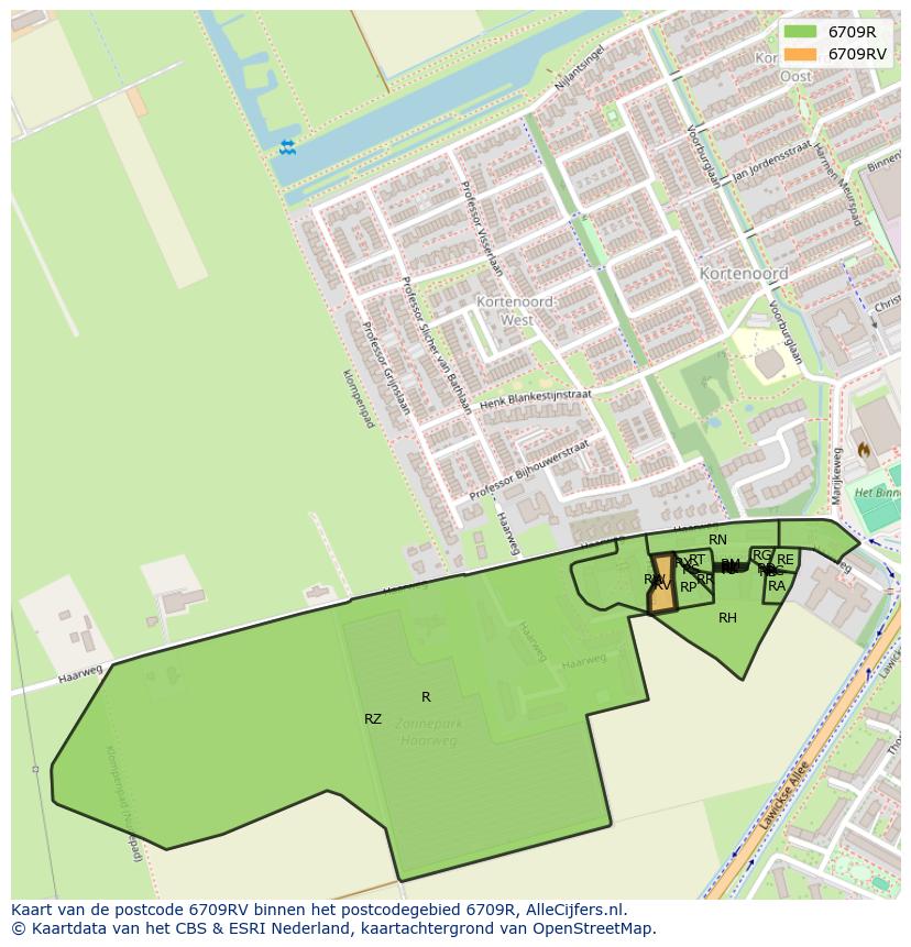Afbeelding van het postcodegebied 6709 RV op de kaart.