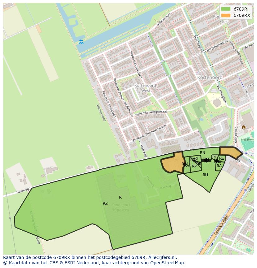 Afbeelding van het postcodegebied 6709 RX op de kaart.