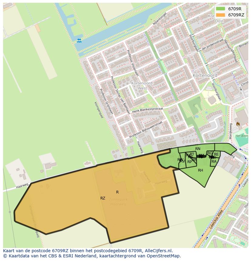 Afbeelding van het postcodegebied 6709 RZ op de kaart.
