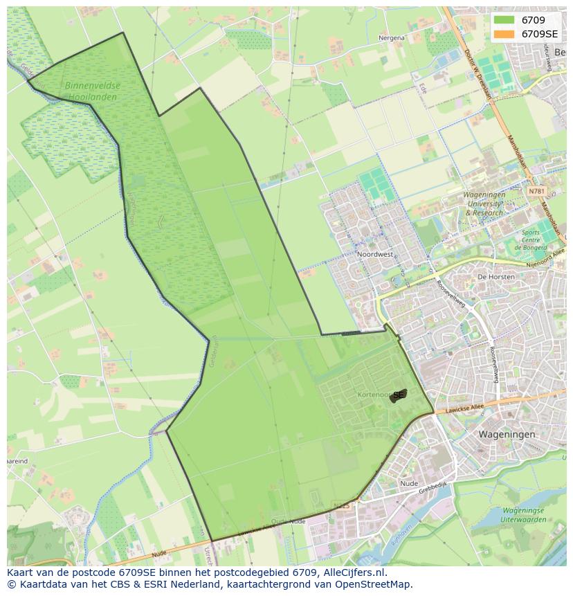 Afbeelding van het postcodegebied 6709 SE op de kaart.