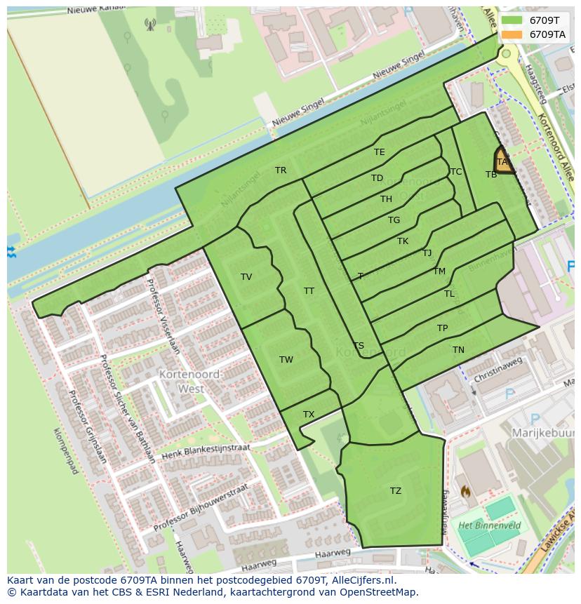 Afbeelding van het postcodegebied 6709 TA op de kaart.