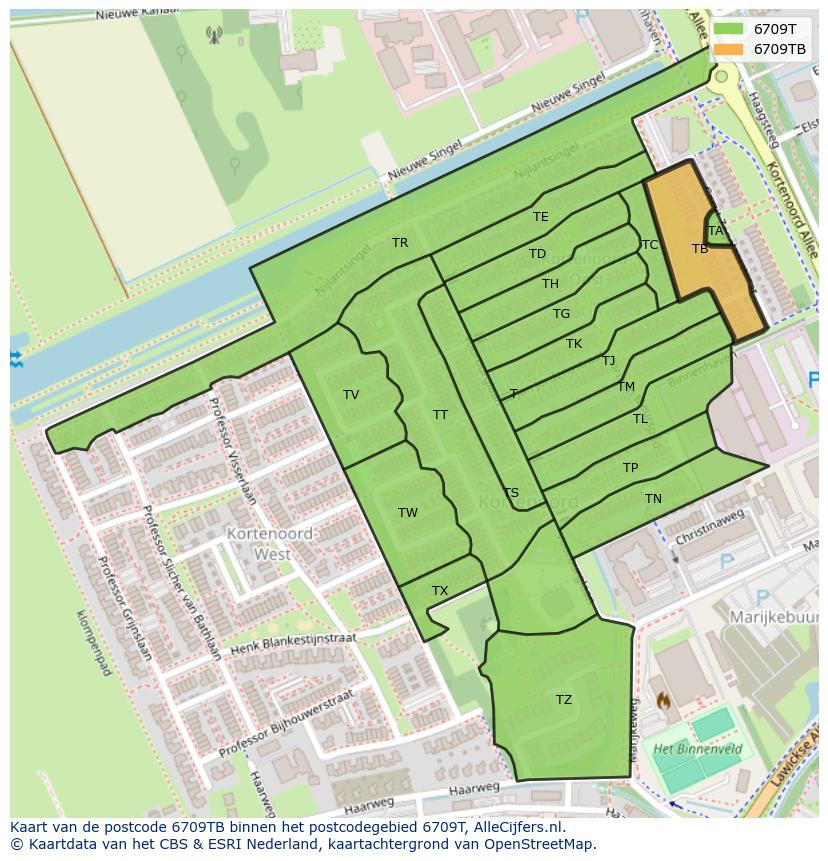 Afbeelding van het postcodegebied 6709 TB op de kaart.