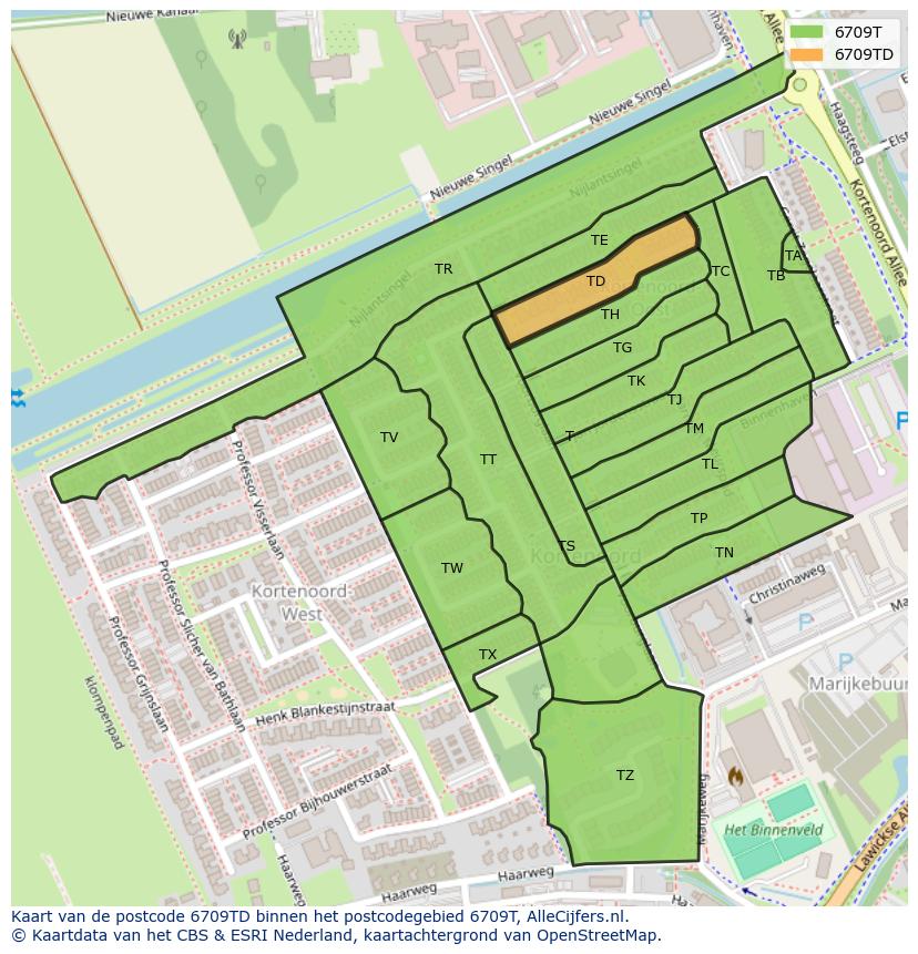 Afbeelding van het postcodegebied 6709 TD op de kaart.