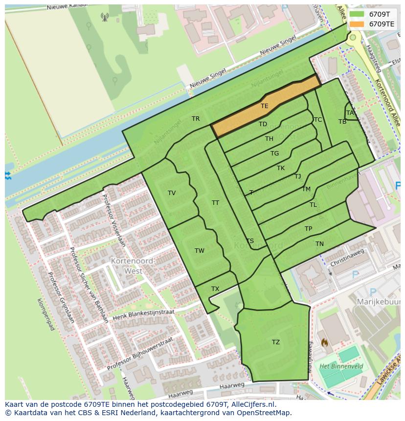 Afbeelding van het postcodegebied 6709 TE op de kaart.