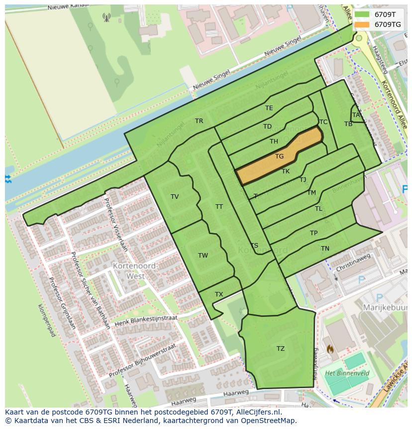 Afbeelding van het postcodegebied 6709 TG op de kaart.