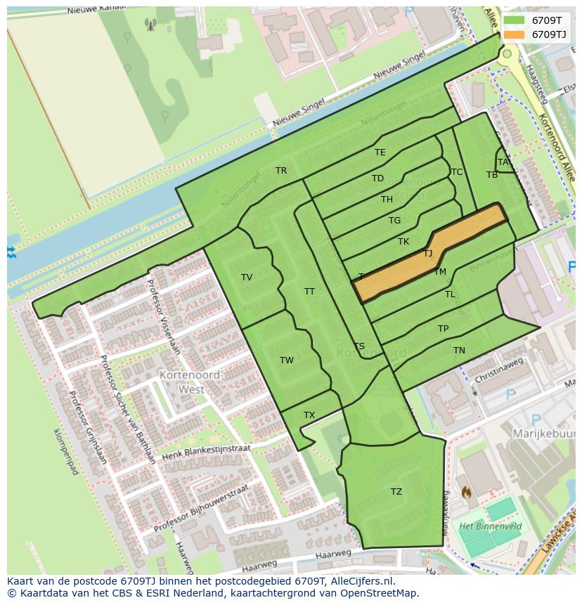 Afbeelding van het postcodegebied 6709 TJ op de kaart.