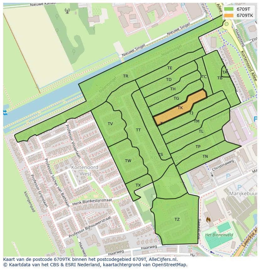 Afbeelding van het postcodegebied 6709 TK op de kaart.