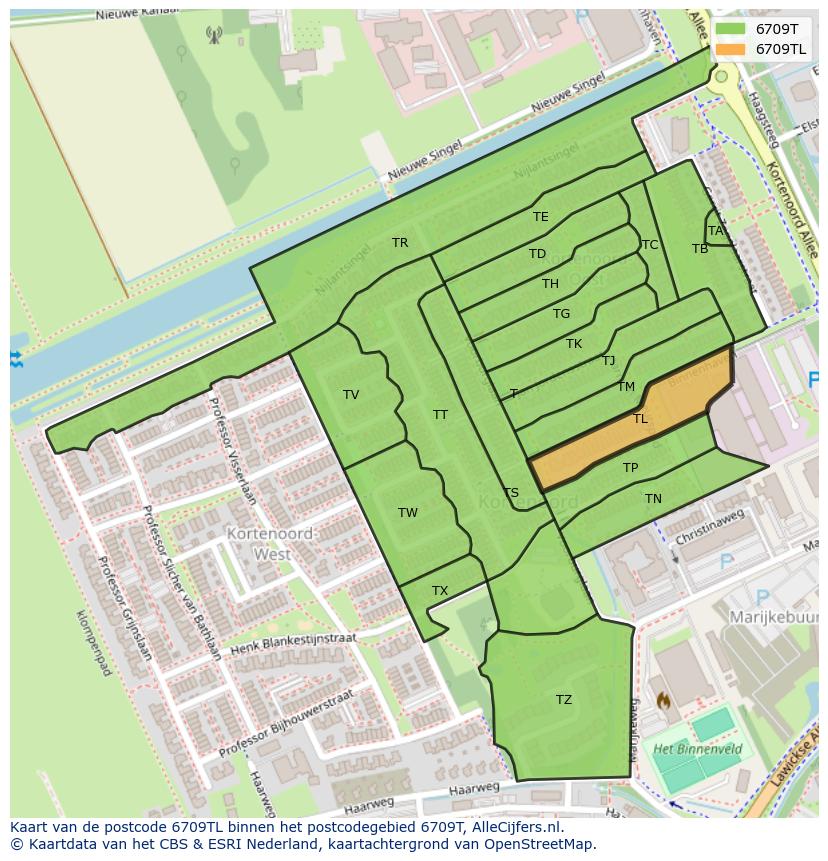 Afbeelding van het postcodegebied 6709 TL op de kaart.