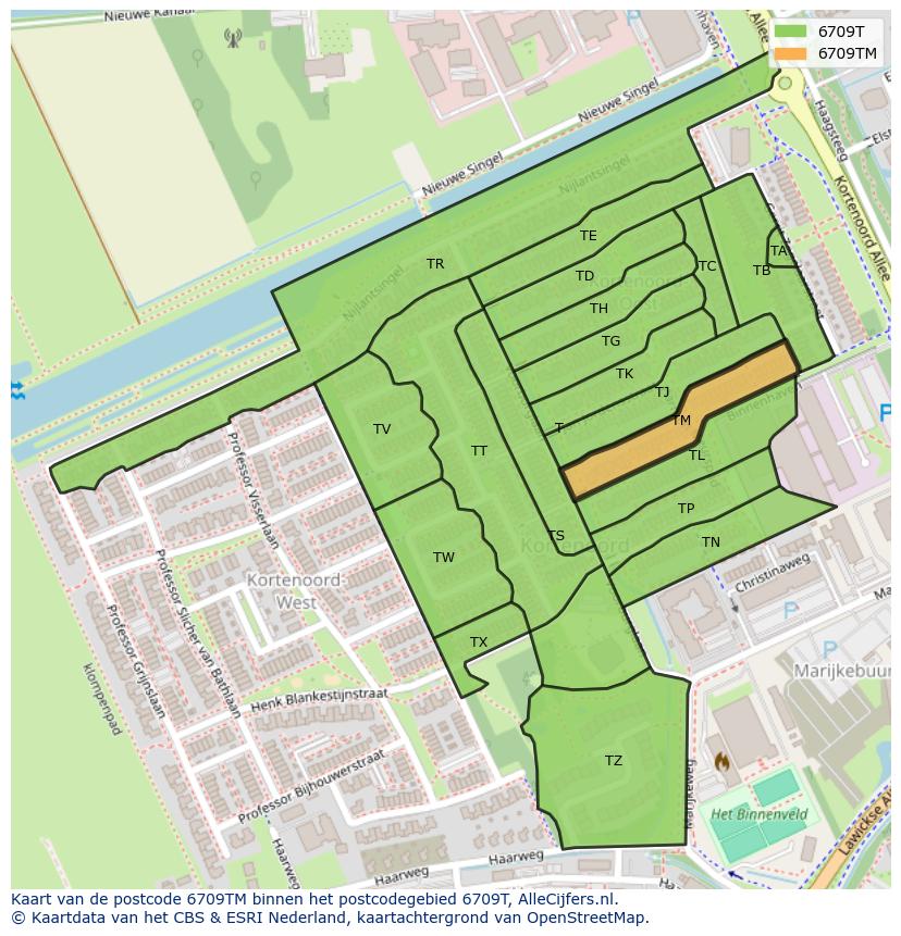 Afbeelding van het postcodegebied 6709 TM op de kaart.