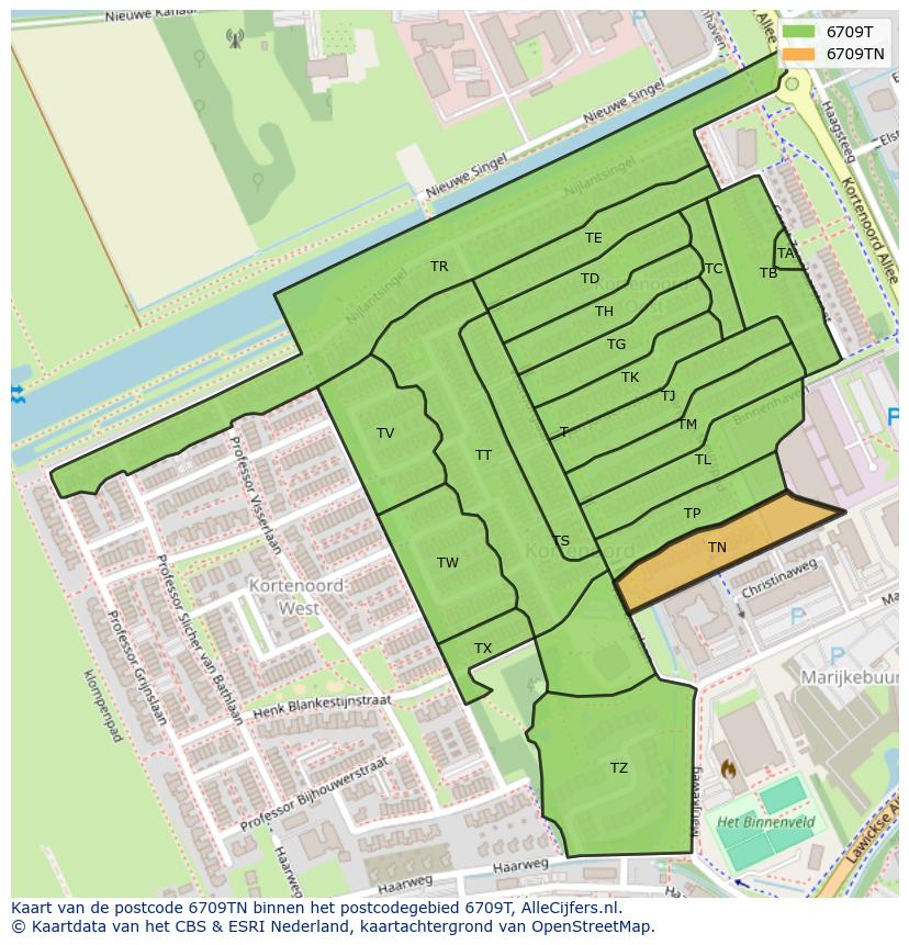 Afbeelding van het postcodegebied 6709 TN op de kaart.