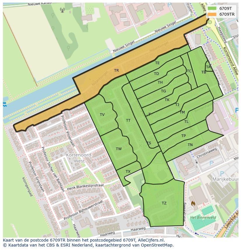 Afbeelding van het postcodegebied 6709 TR op de kaart.