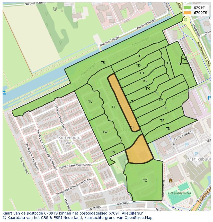 Afbeelding van het postcodegebied 6709 TS op de kaart.