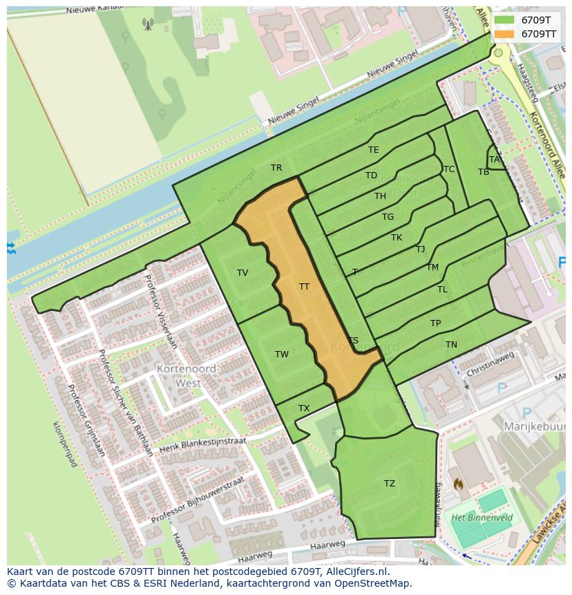 Afbeelding van het postcodegebied 6709 TT op de kaart.