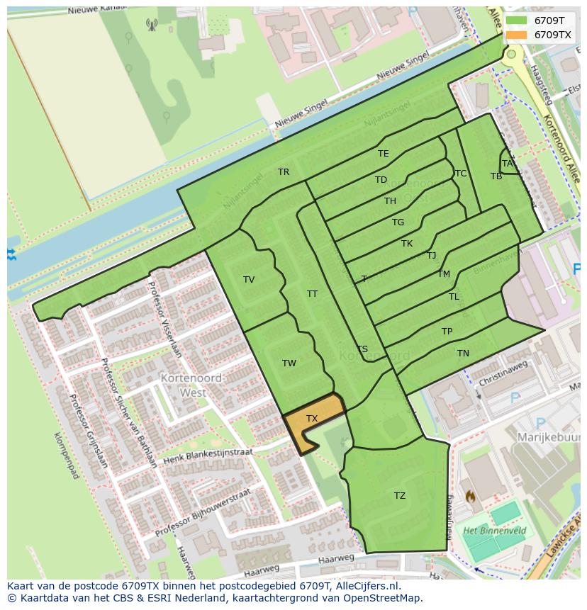 Afbeelding van het postcodegebied 6709 TX op de kaart.