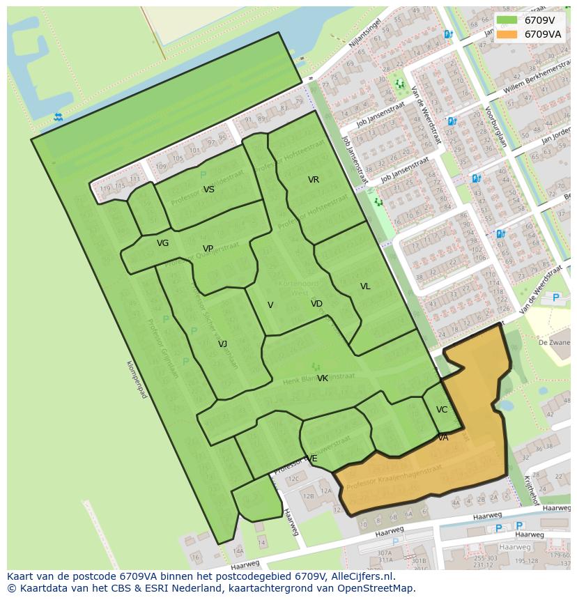 Afbeelding van het postcodegebied 6709 VA op de kaart.