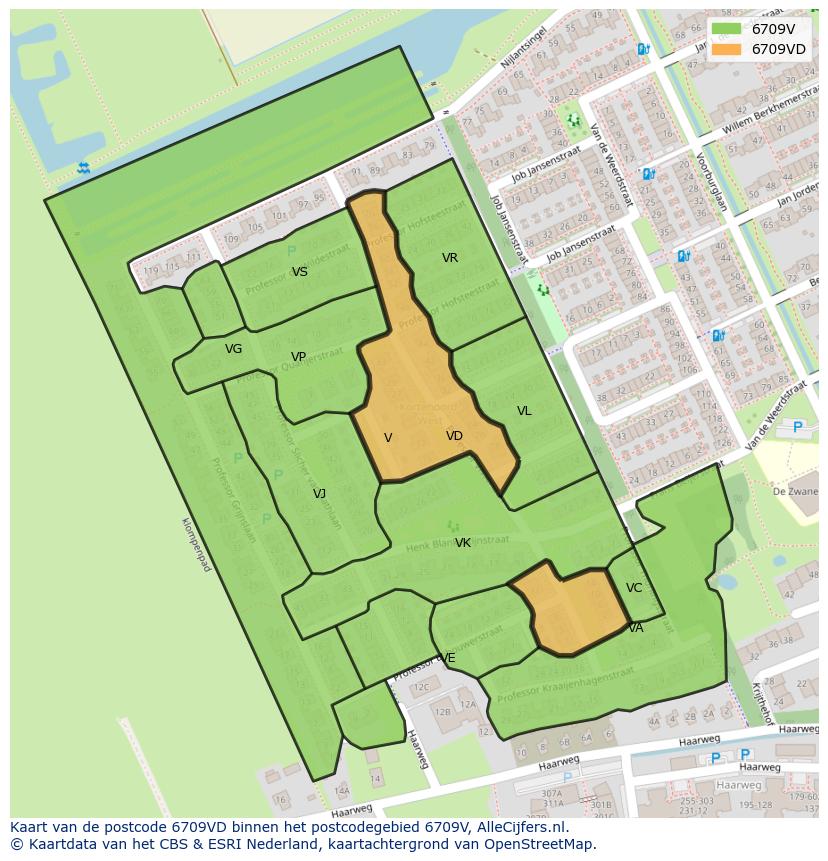 Afbeelding van het postcodegebied 6709 VD op de kaart.