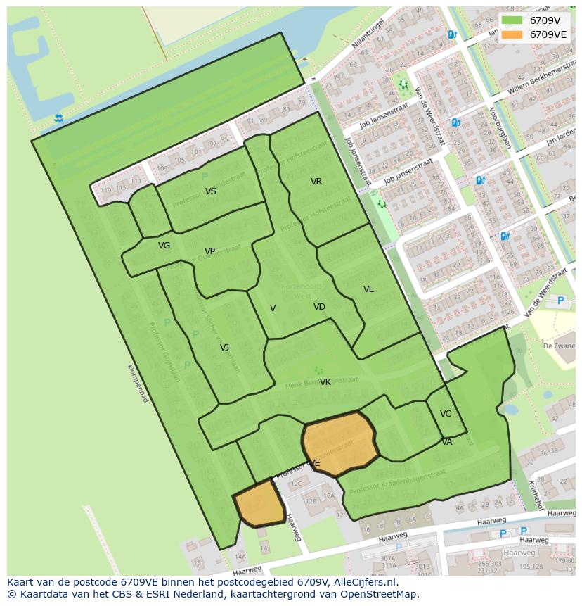 Afbeelding van het postcodegebied 6709 VE op de kaart.