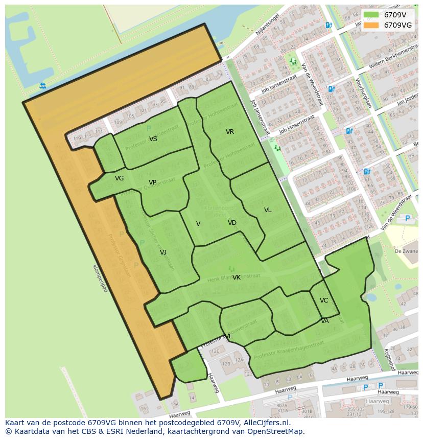 Afbeelding van het postcodegebied 6709 VG op de kaart.