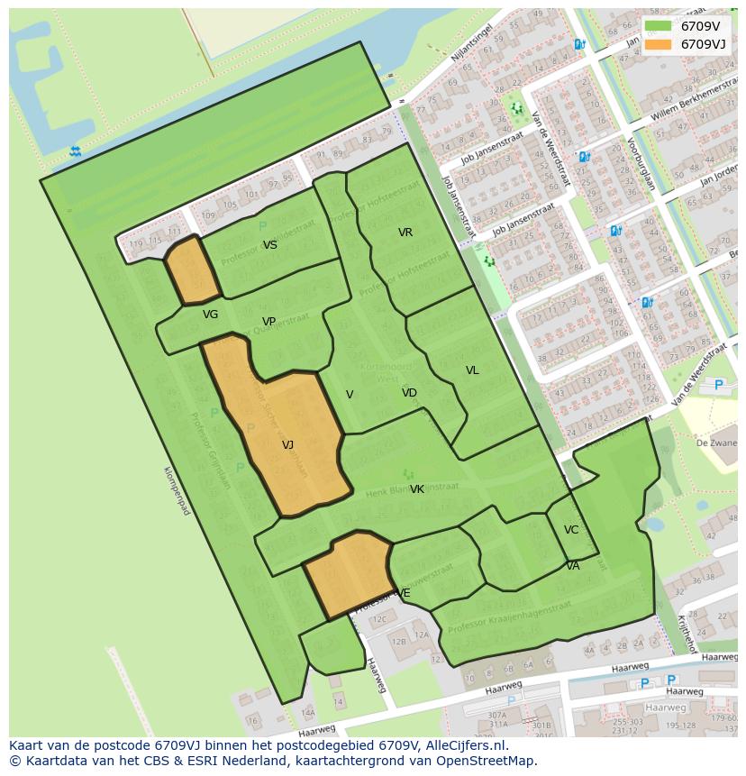 Afbeelding van het postcodegebied 6709 VJ op de kaart.