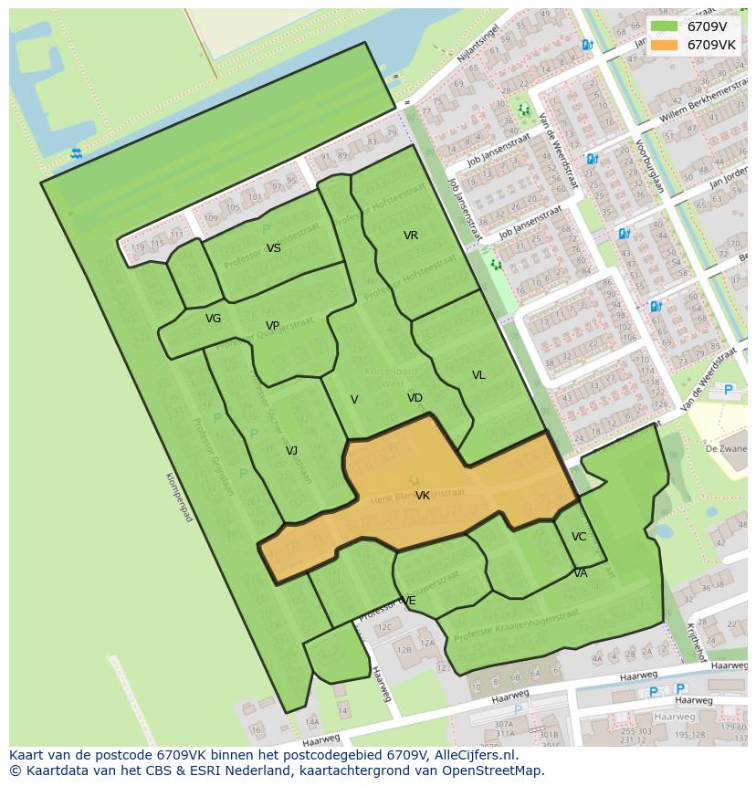 Afbeelding van het postcodegebied 6709 VK op de kaart.