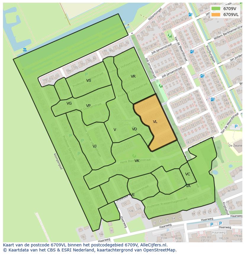 Afbeelding van het postcodegebied 6709 VL op de kaart.