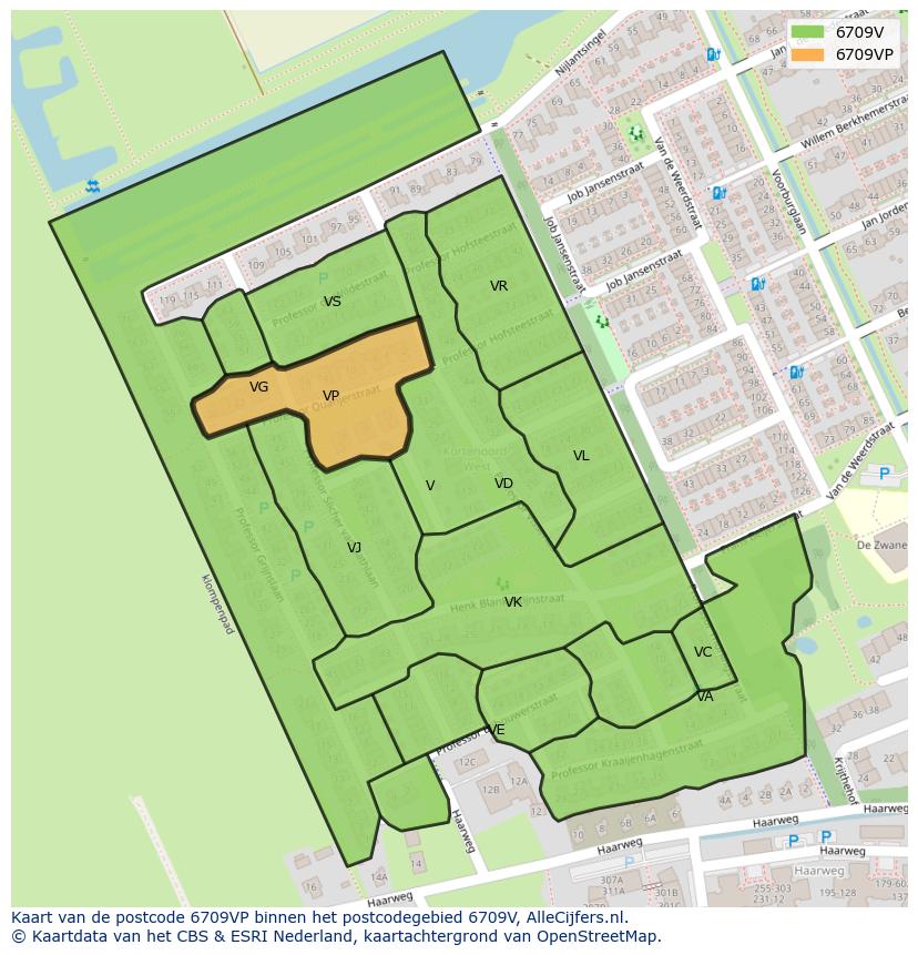 Afbeelding van het postcodegebied 6709 VP op de kaart.