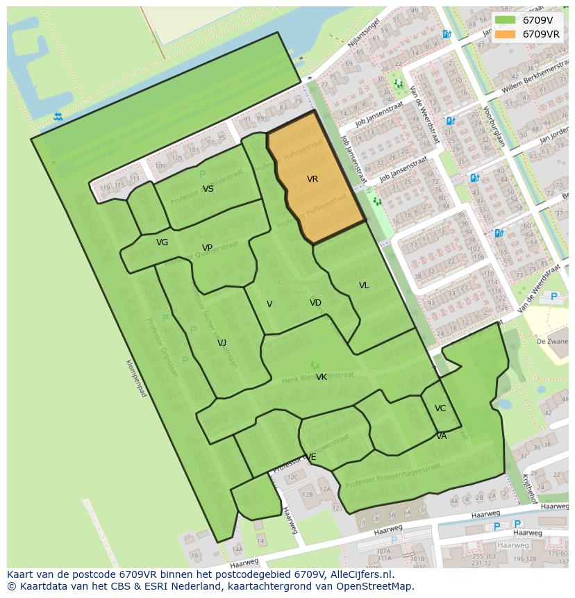 Afbeelding van het postcodegebied 6709 VR op de kaart.