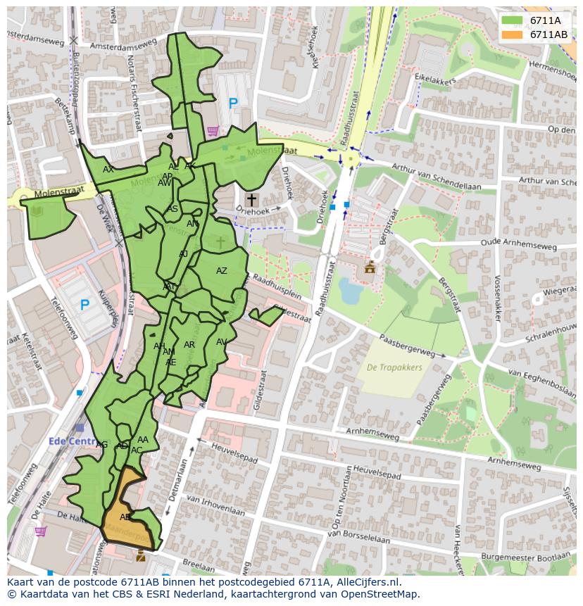 Afbeelding van het postcodegebied 6711 AB op de kaart.