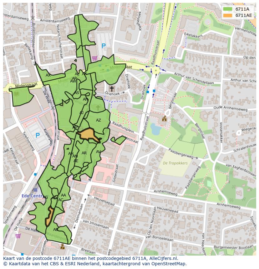 Afbeelding van het postcodegebied 6711 AE op de kaart.