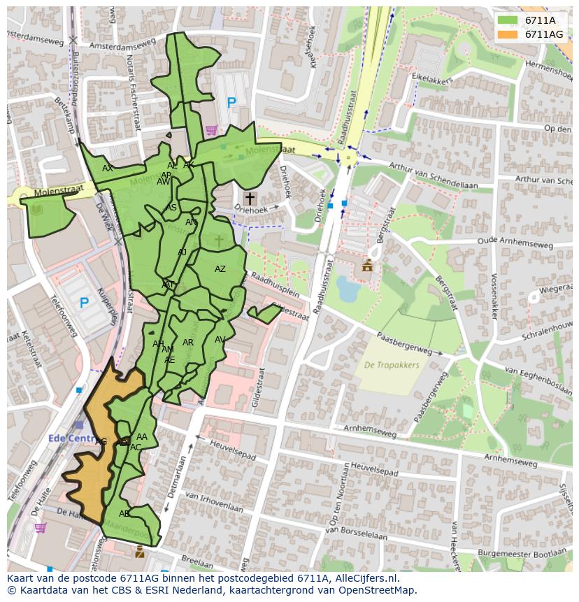 Afbeelding van het postcodegebied 6711 AG op de kaart.