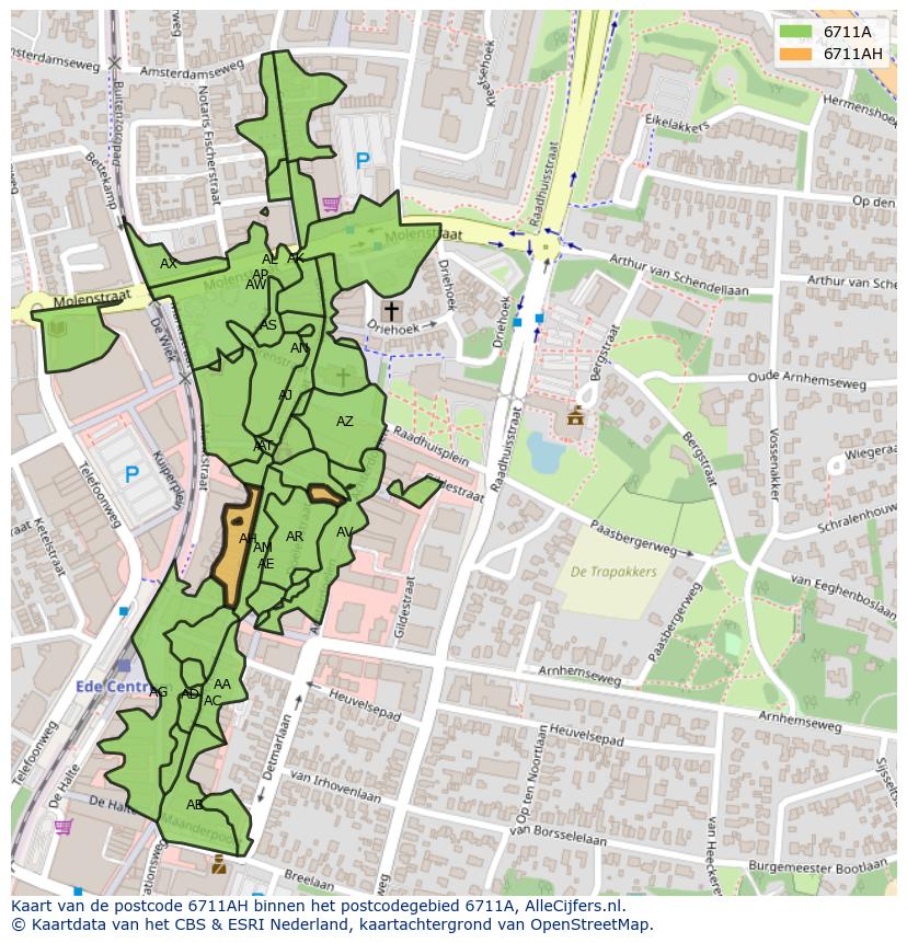 Afbeelding van het postcodegebied 6711 AH op de kaart.