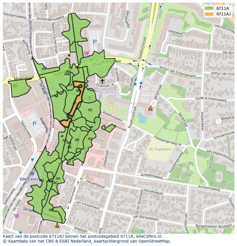 Afbeelding van het postcodegebied 6711 AJ op de kaart.