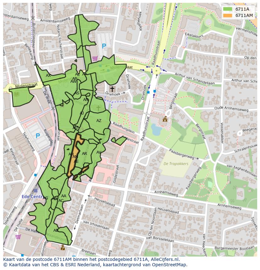 Afbeelding van het postcodegebied 6711 AM op de kaart.