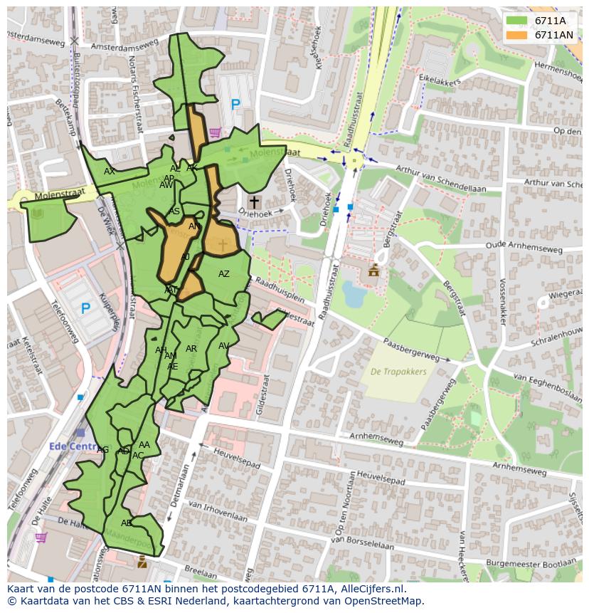 Afbeelding van het postcodegebied 6711 AN op de kaart.