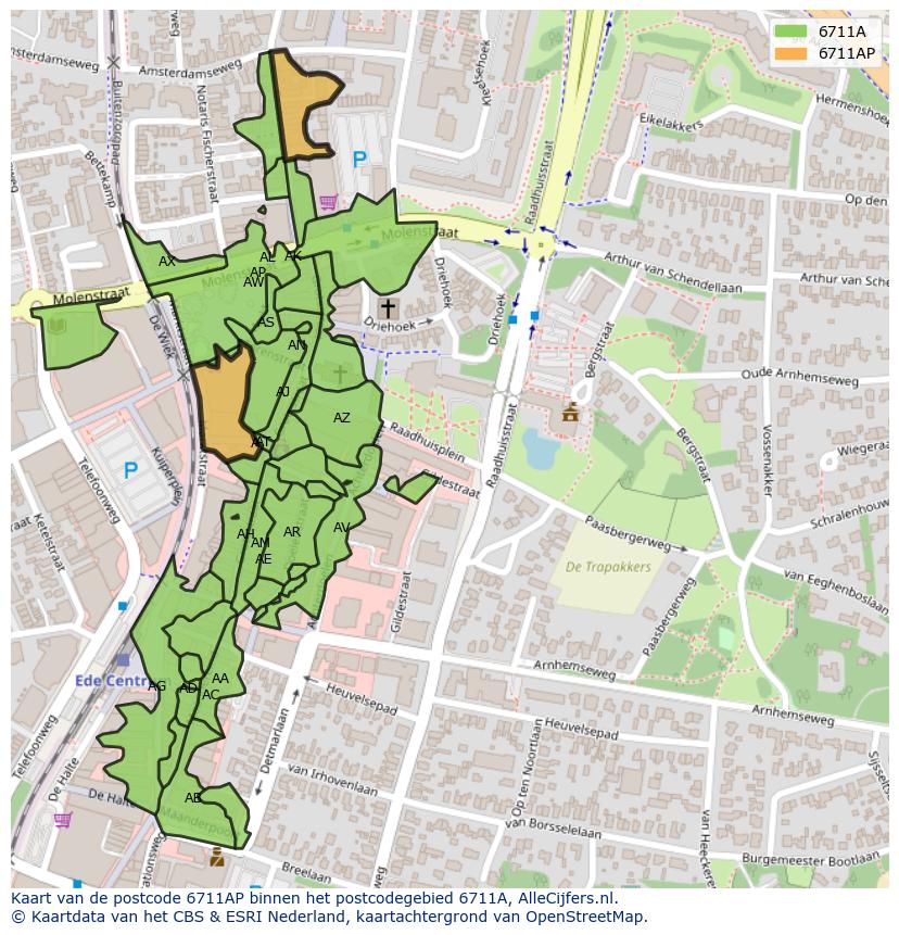 Afbeelding van het postcodegebied 6711 AP op de kaart.