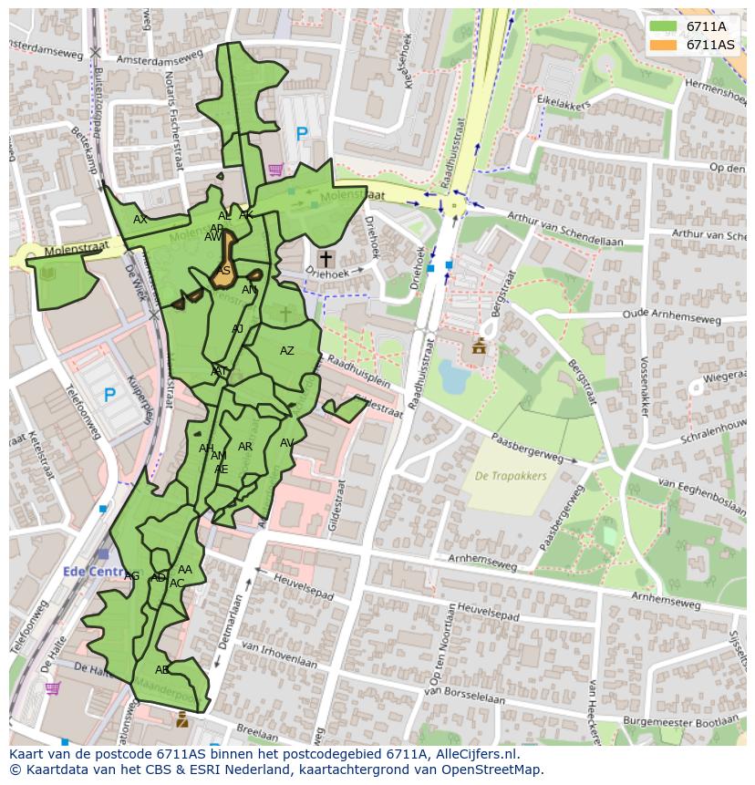 Afbeelding van het postcodegebied 6711 AS op de kaart.